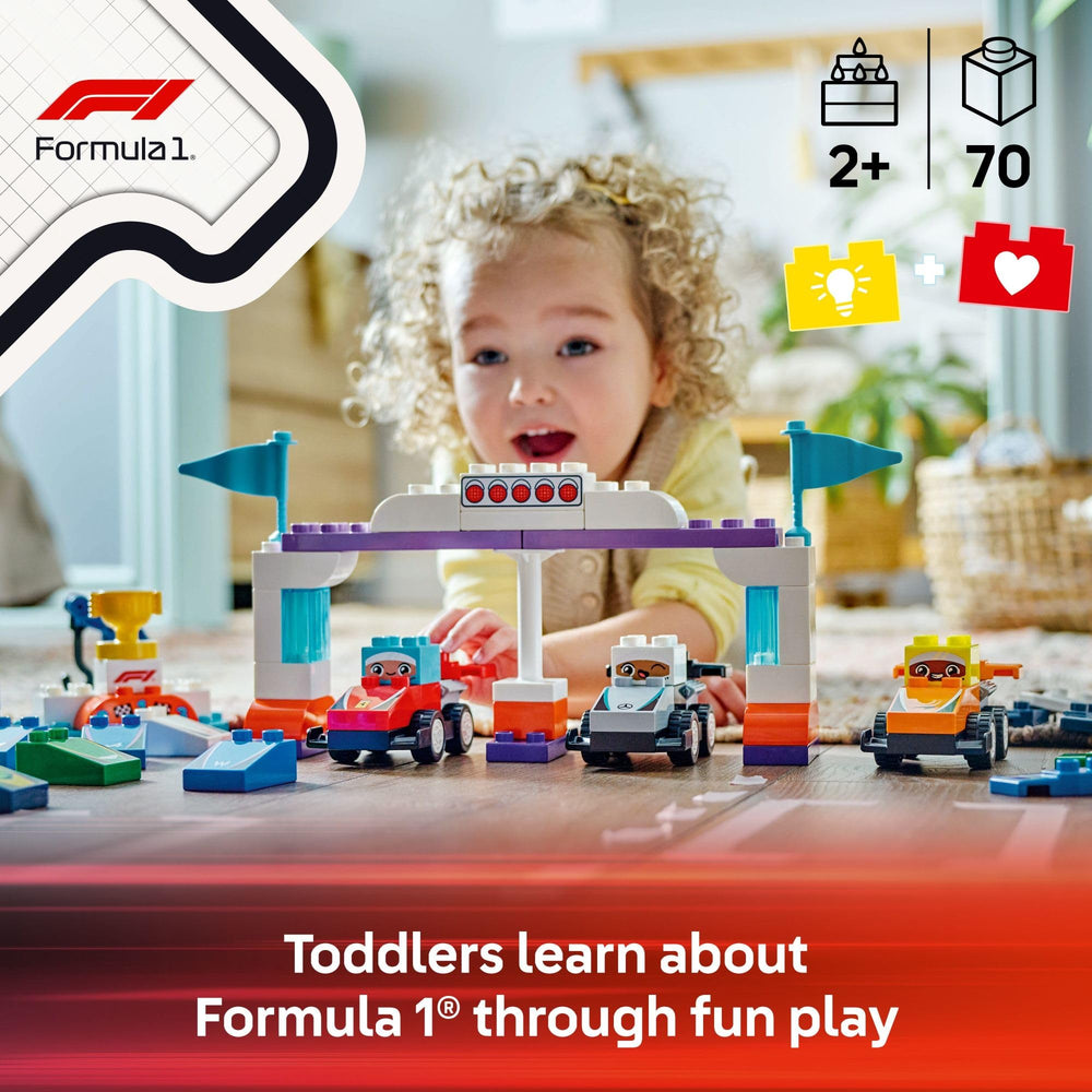 LEGO DUPLO Town F1 driver bricks encourage color recognition and pretend pit crew play.