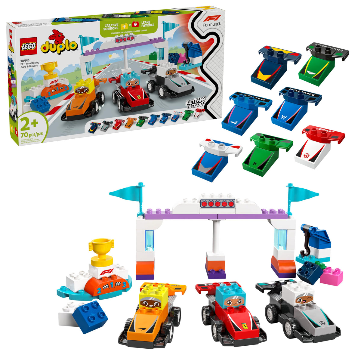 LEGO DUPLO Town F1 race cars for toddlers racing imaginations and fine motor skills.