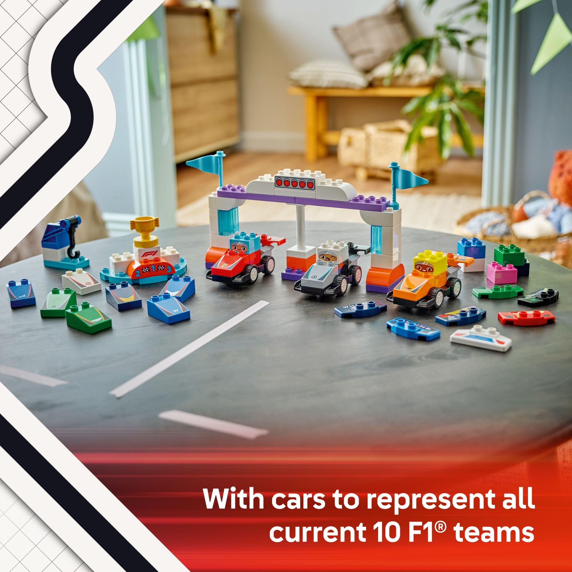 LEGO DUPLO Town F1 start lights help simulate race start sequences and timing.