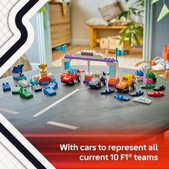 LEGO DUPLO Town F1 start lights help simulate race start sequences and timing.