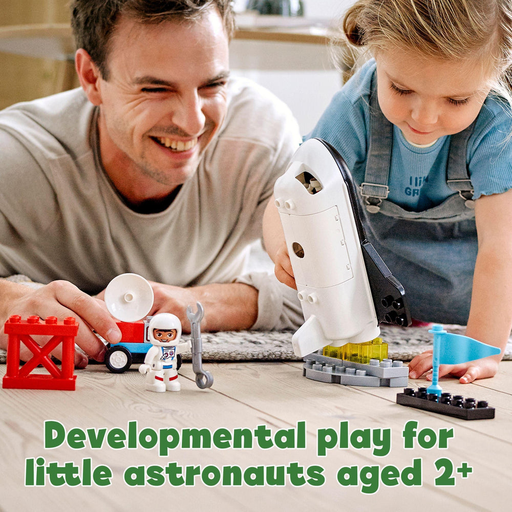 LEGO DUPLO Town Space Shuttle Mission astronaut figures inspire role-play adventures.