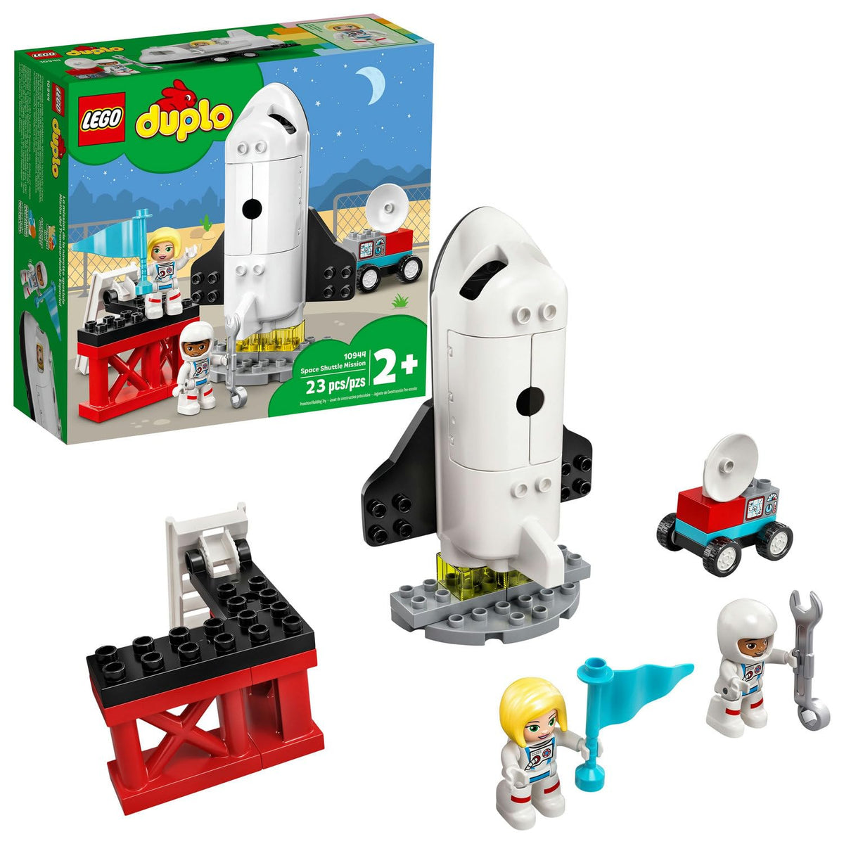 LEGO DUPLO Town Space Shuttle Mission shuttle with opening body for imaginative play.