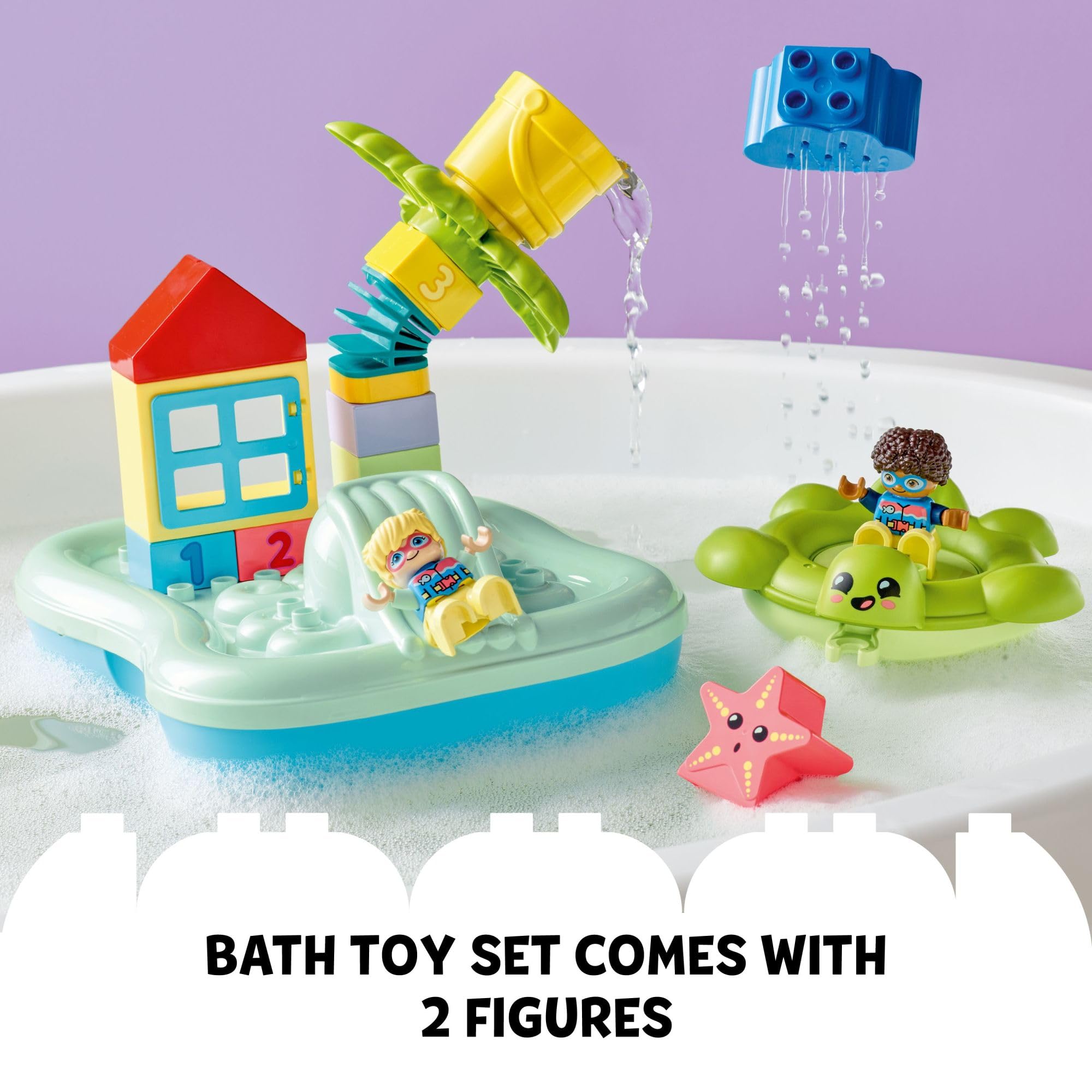 Two child figures with LEGO DUPLO Water Park 10989 for bath-time storytelling