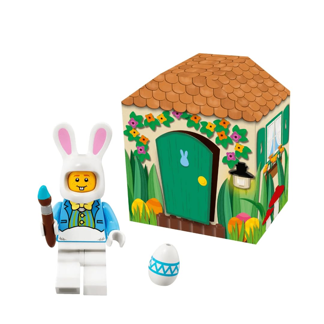 LEGO Easter Bunny Hut minifigure with paint brush and egg, ideal for Easter display.