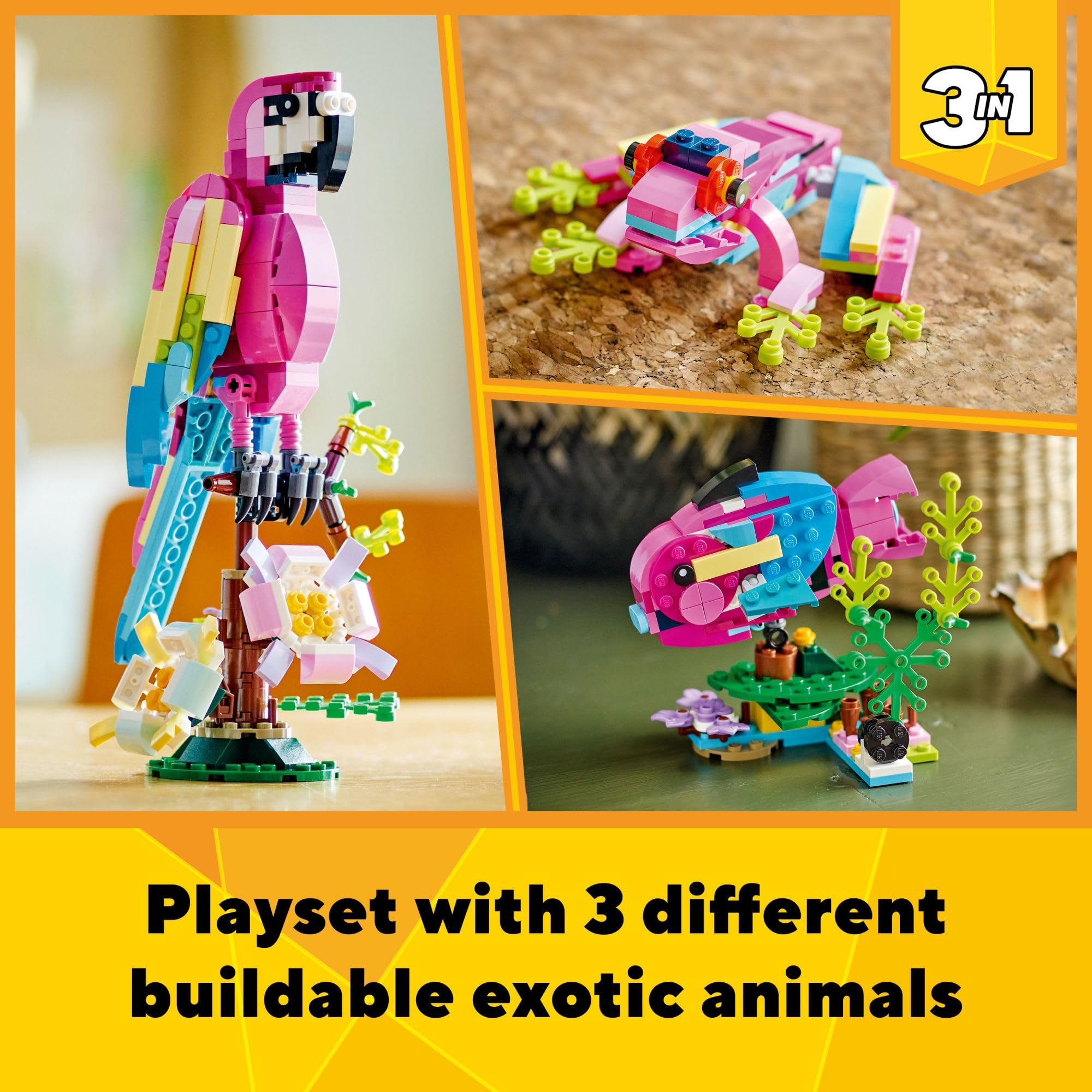 LEGO Exotic Pink Parrot fish swimming frame supports imaginative underwater scenes.