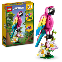 LEGO Creator 3in1 Exotic Pink Parrot perched on a branch, ideal for bedroom display.