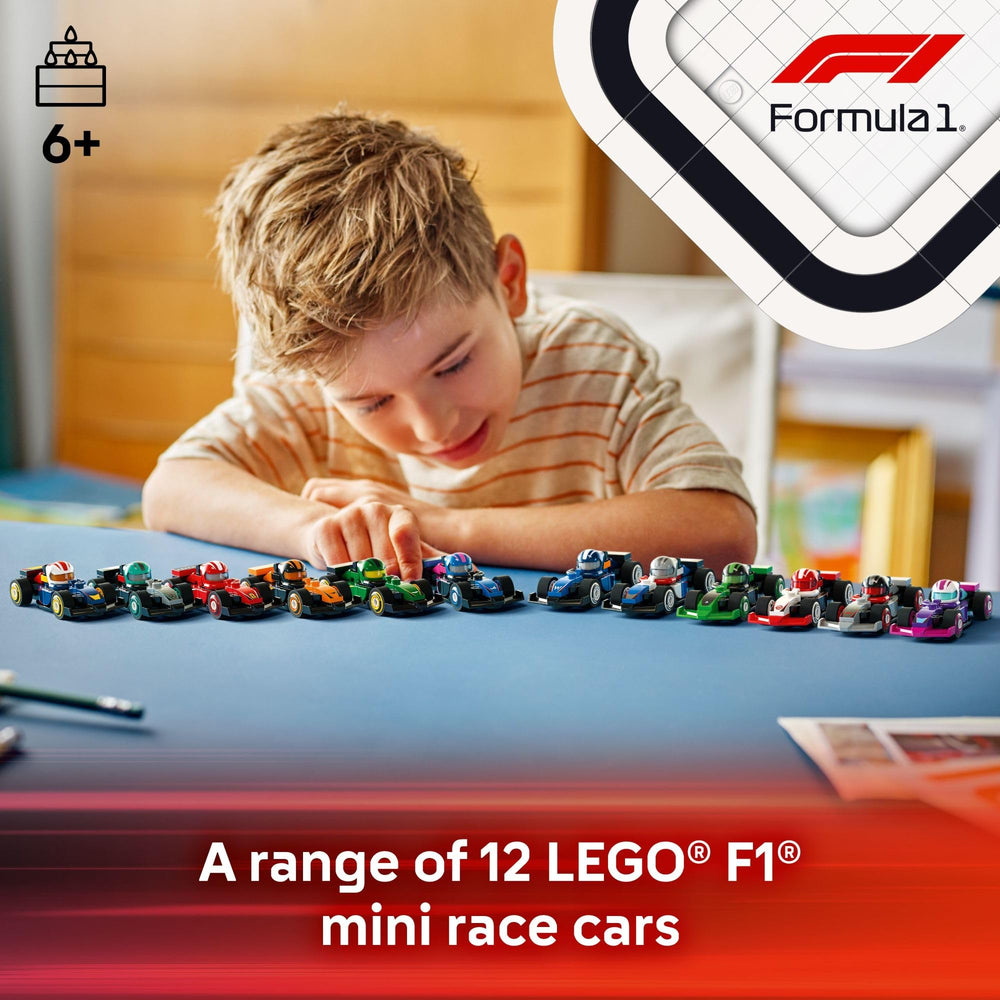 LEGO F1 collectible cars inside reveal moving wheels for action play