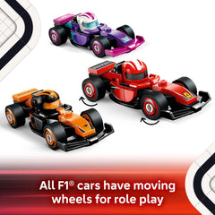 LEGO F1 team colors and logos on mini cars for authentic racing flair