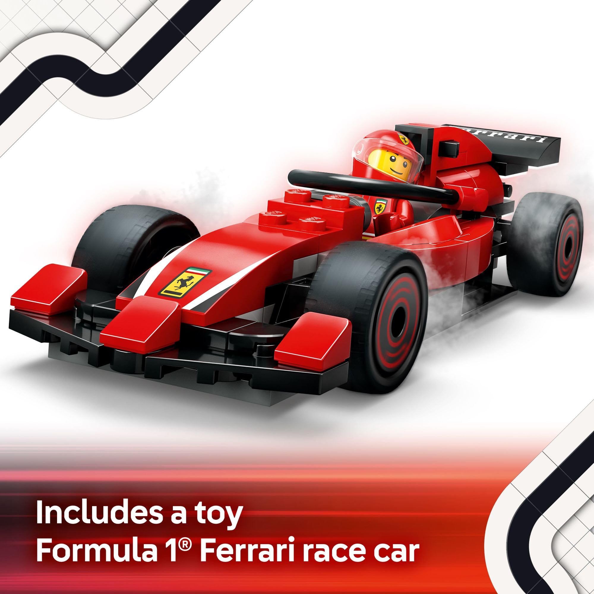 LEGO kit includes tools and slick tires for authentic race prep.