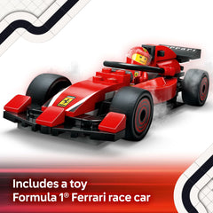 LEGO kit includes tools and slick tires for authentic race prep.