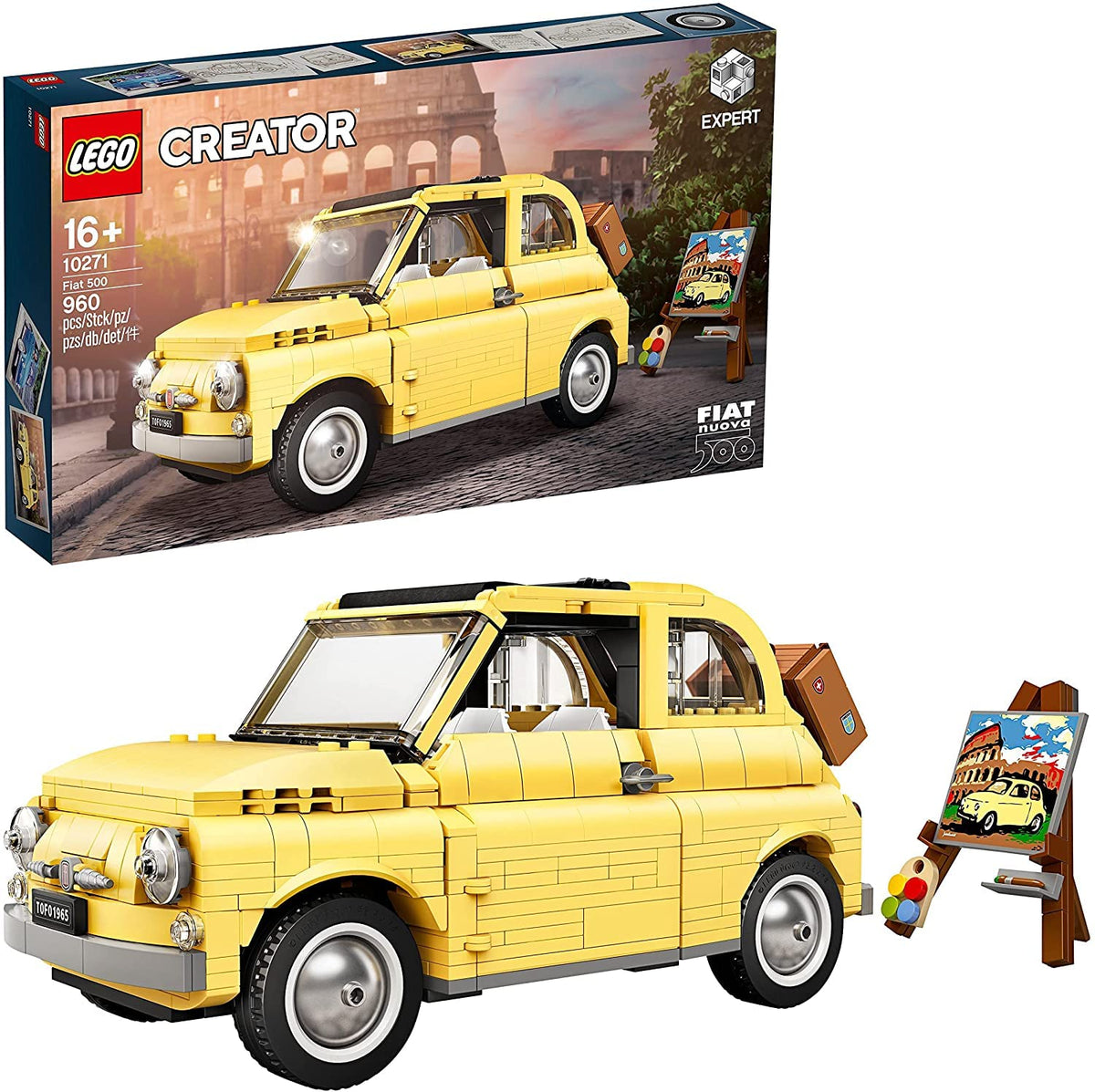 LEGO Fiat 500 10271 luggage rack with suitcase adds authentic display detail.