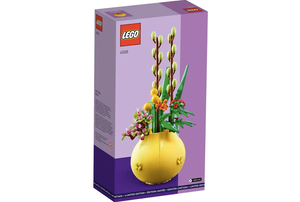 LEGO Flower Pot 40588 globosa craspedia flowers brightening a shelf scene