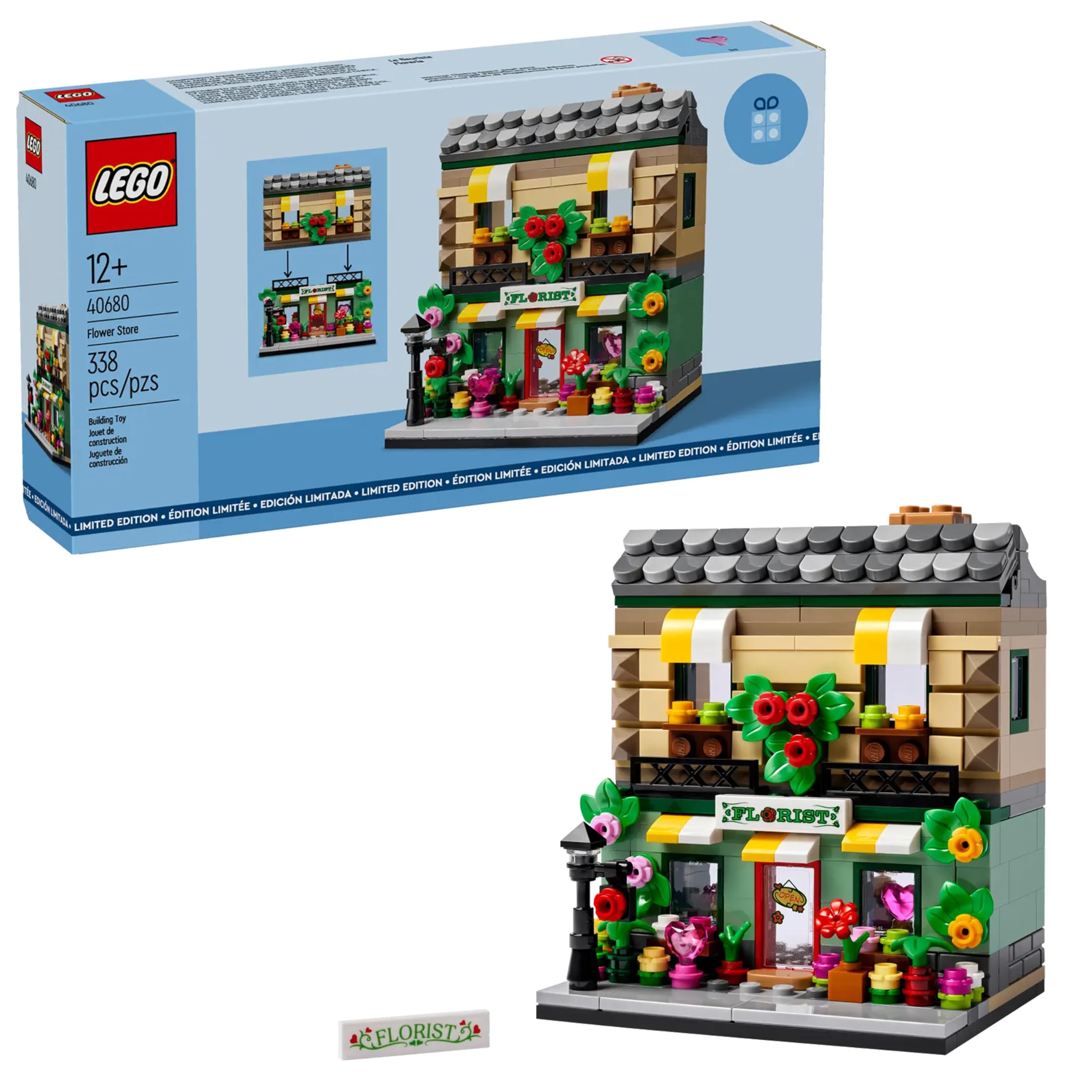 LEGO Flower Store front with abundant flowers for display and collection.