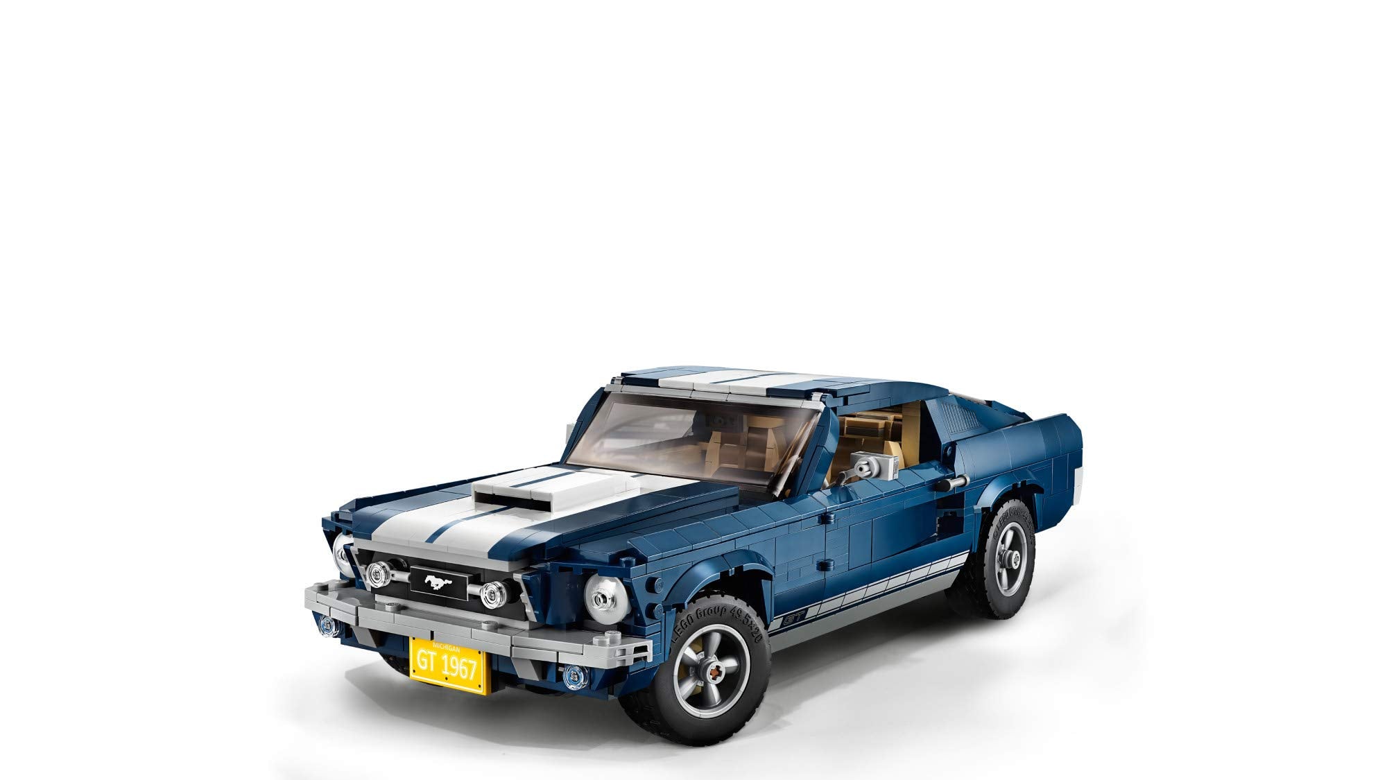 LEGO Ford Mustang GT 5-spoke rims and road tires for realistic presentation.