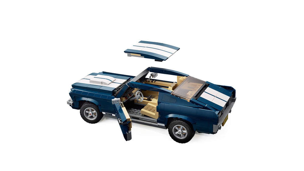 LEGO Ford Mustang GT customization add-ons like supercharger and spoiler.