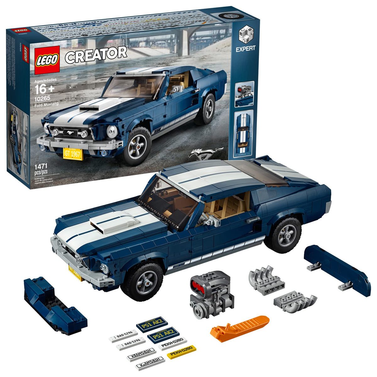 LEGO Ford Mustang GT engine detail with V8 and hoses for authentic realism.