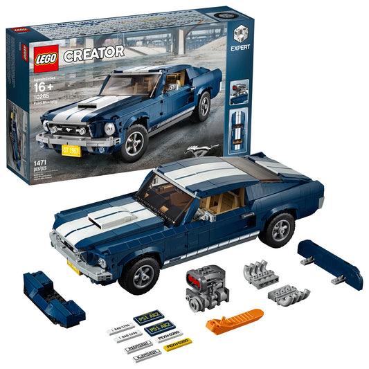 LEGO Ford Mustang GT engine detail with V8 and hoses for authentic realism.