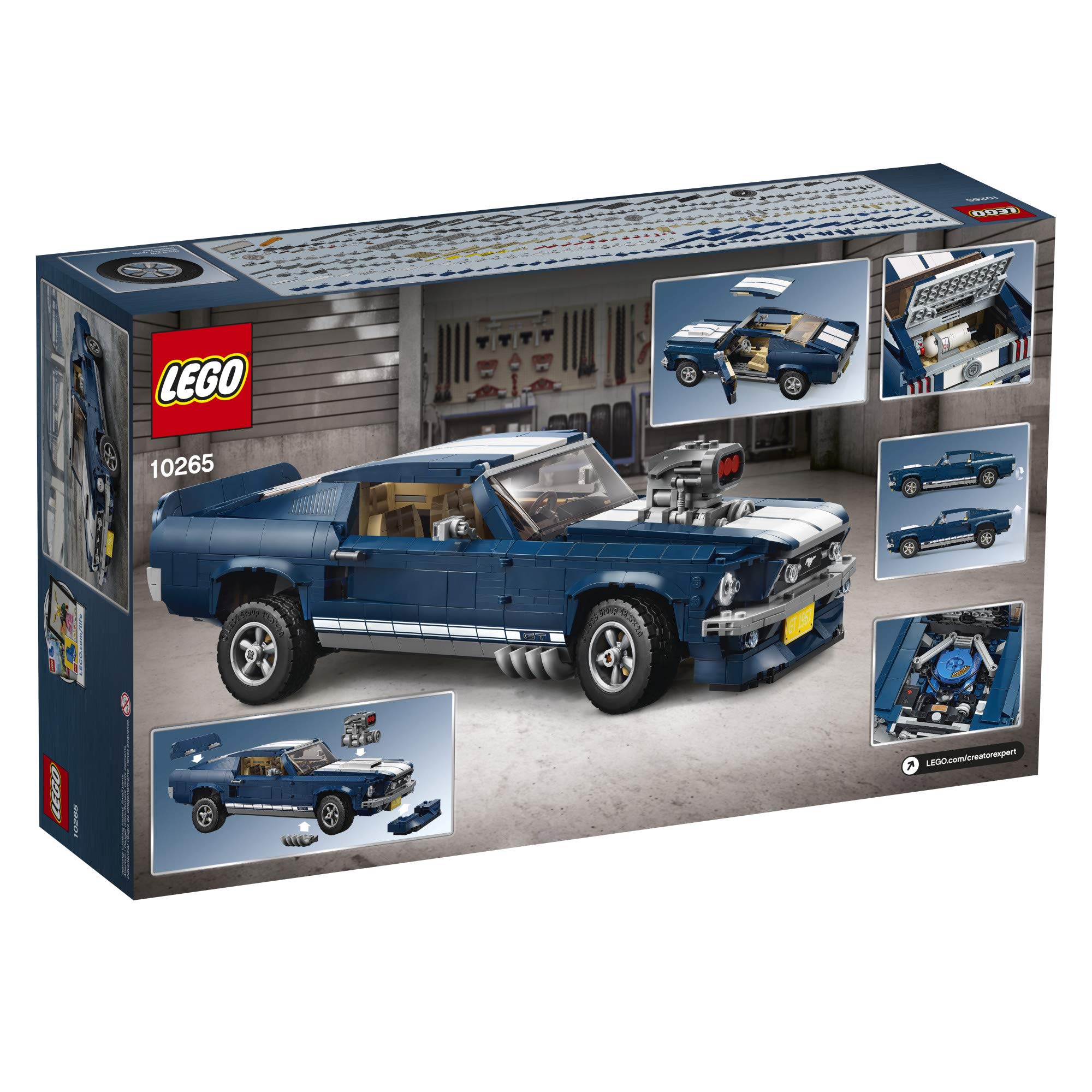 LEGO Ford Mustang GT hood detail with scoop and air filter close-up.