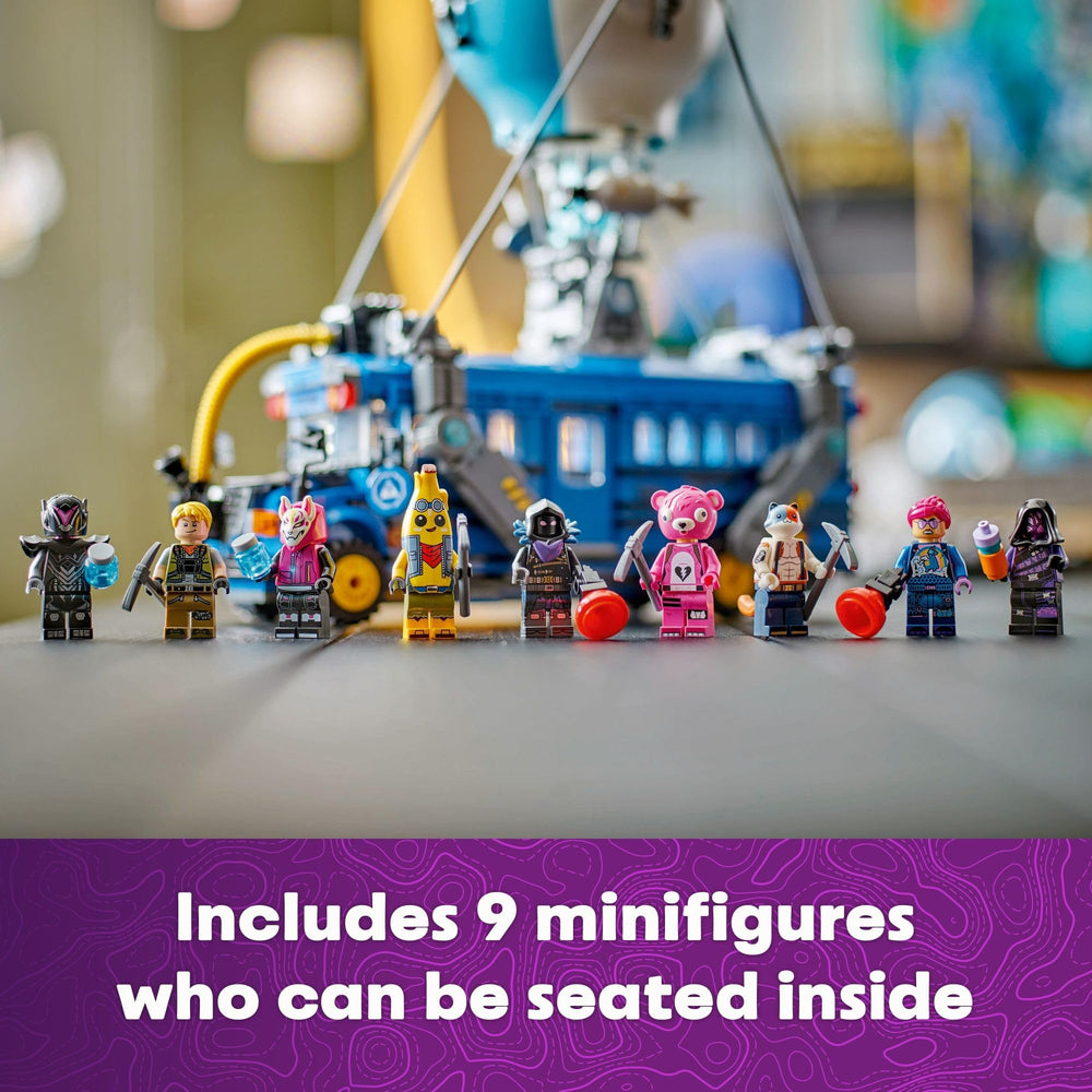 LEGO Fortnite Battle Bus Grappler accessory sparks action poses.