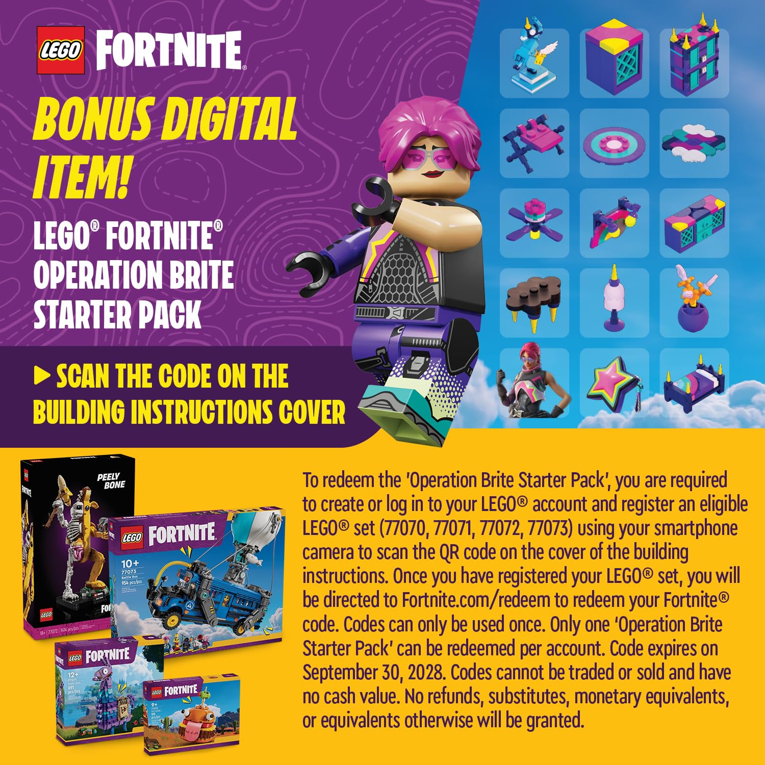 LEGO Fortnite Battle Bus Pickaxes included for dynamic play.
