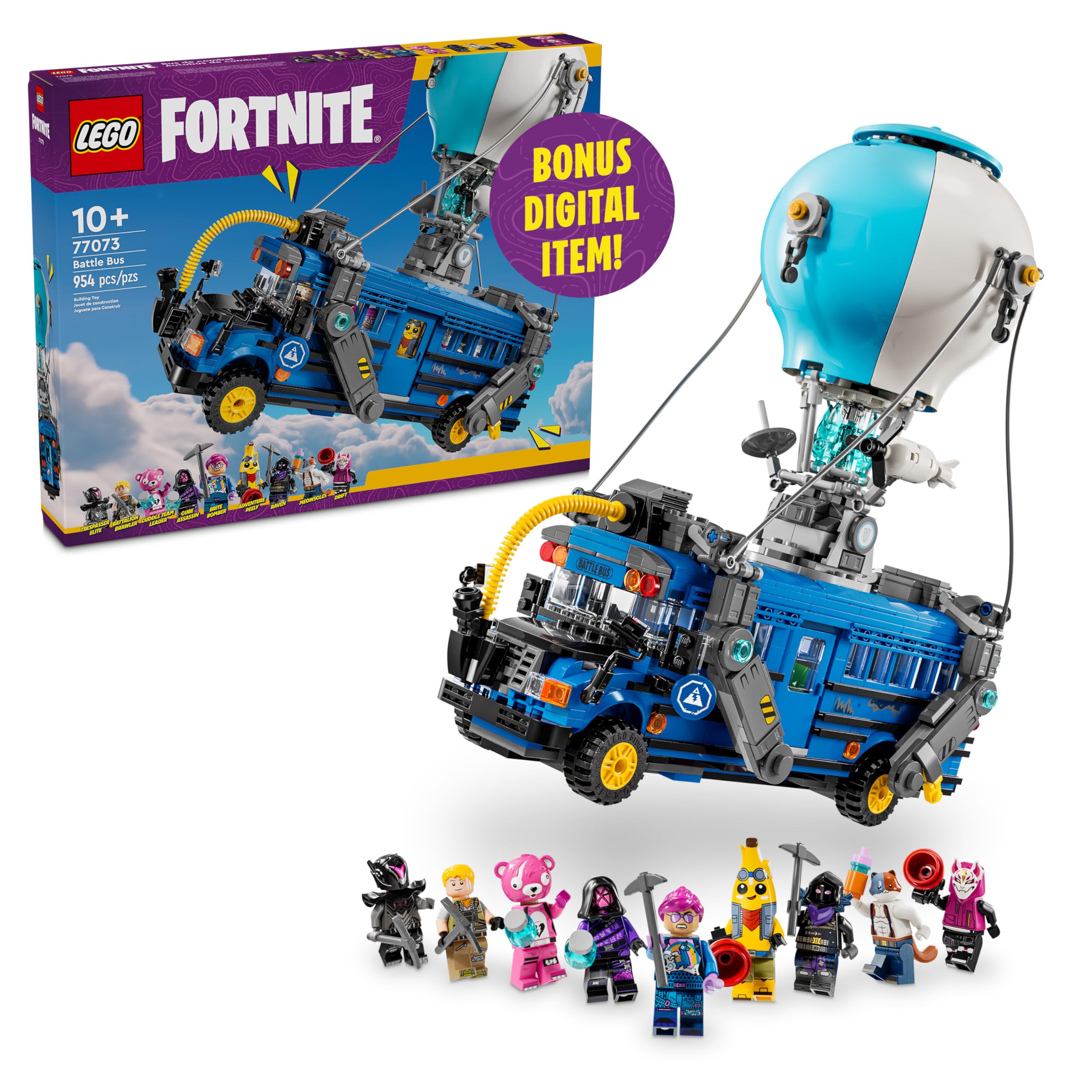 LEGO Fortnite Battle Bus with rolling wheels for action-packed play.