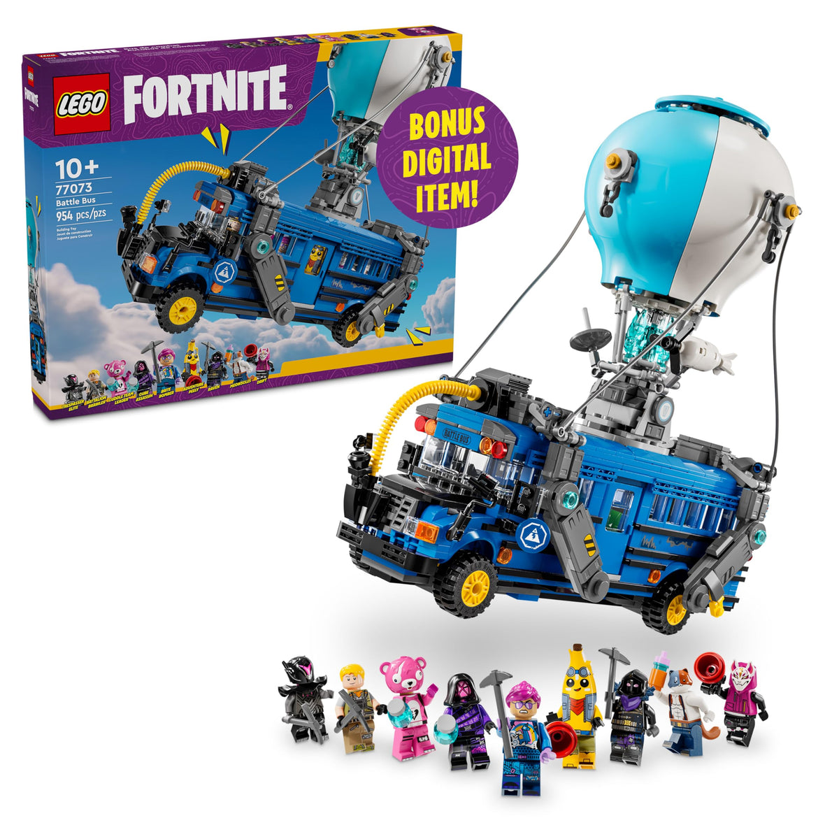 LEGO Fortnite Battle Bus with rolling wheels for action-packed play.