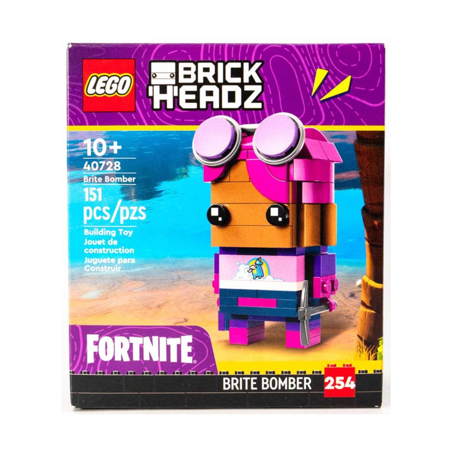 LEGO Fortnite Brite Bomber figure with pink hair and sunglasses, ready for display or imaginative play