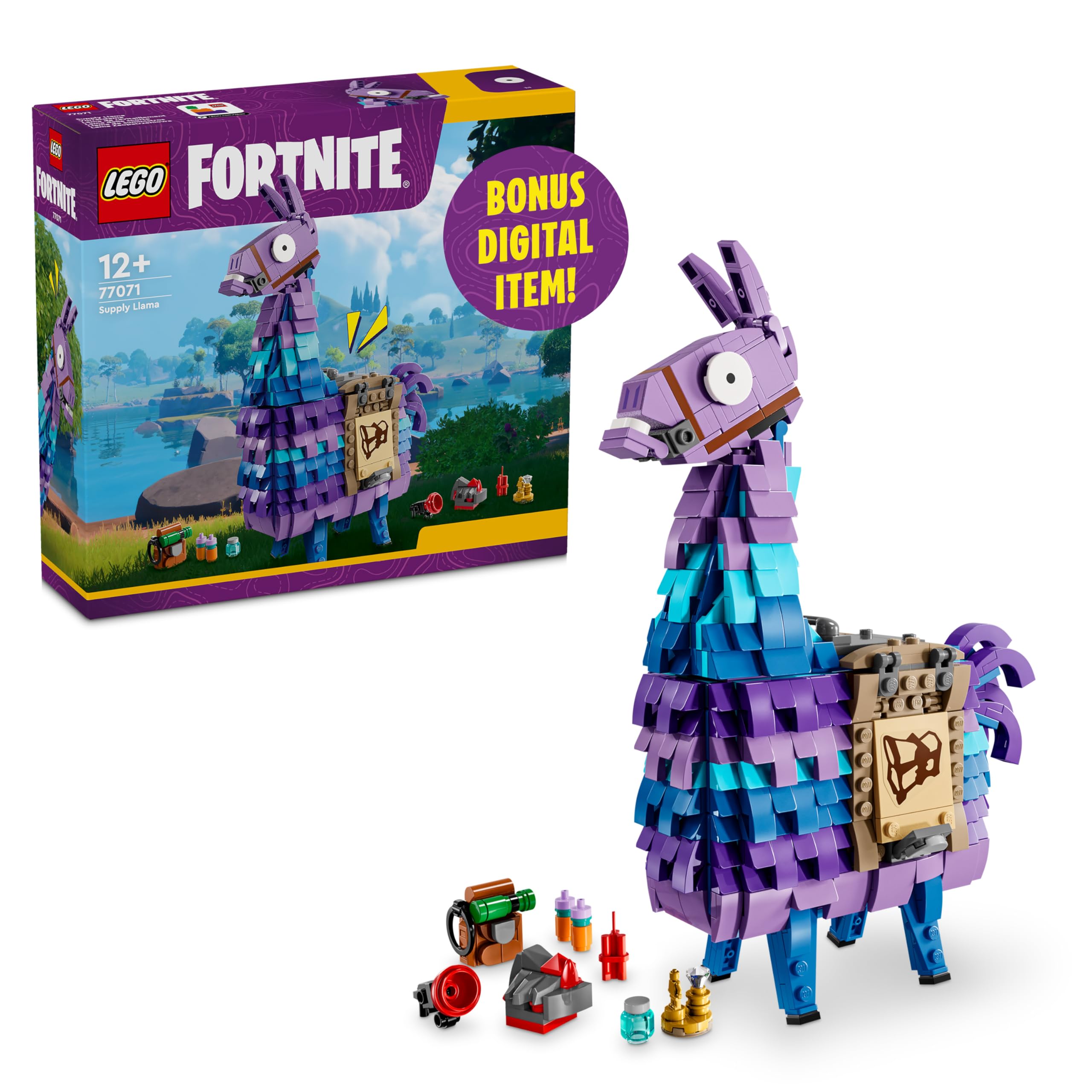 LEGO Fortnite Supply Llama figure ready for display in bedrooms or gaming rooms.