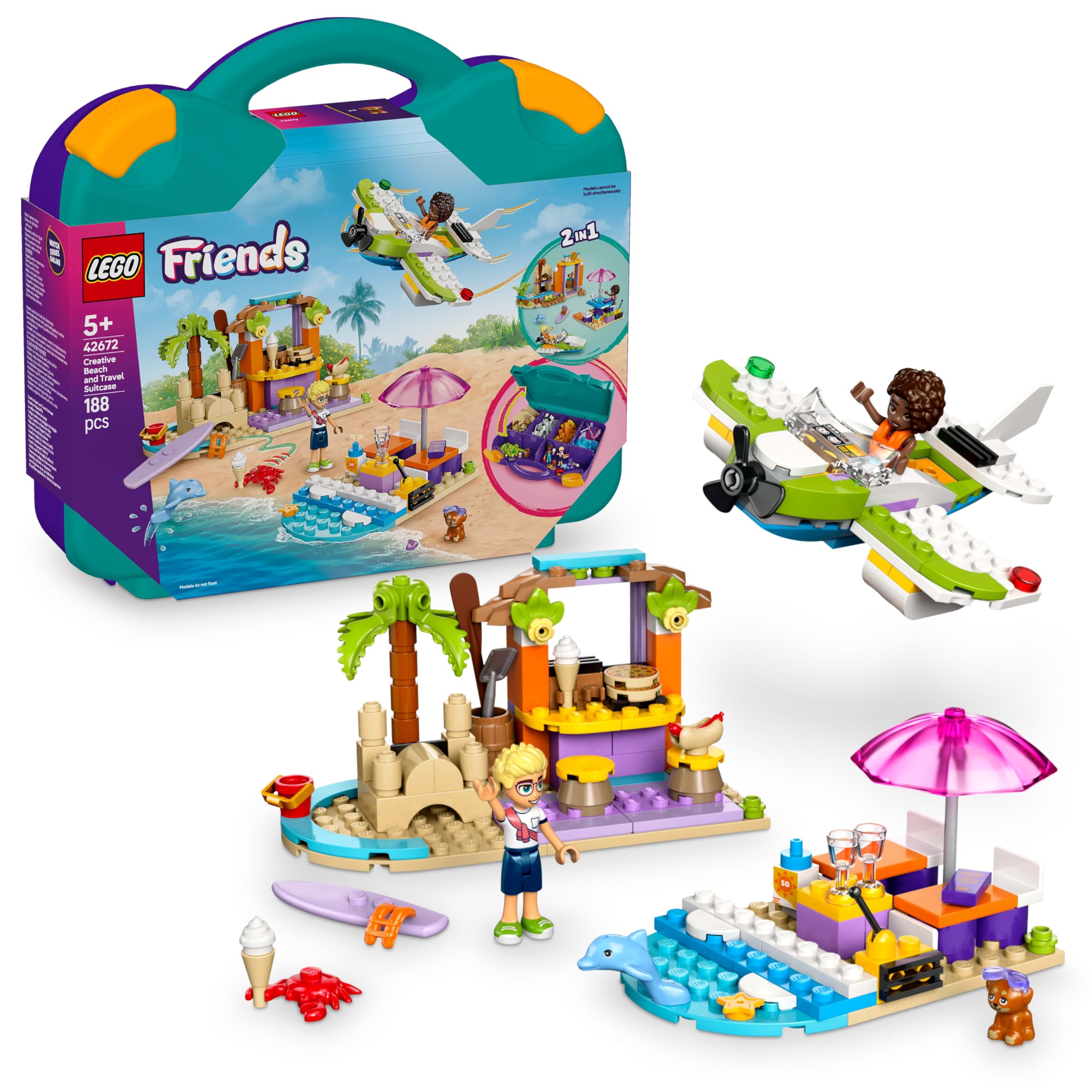 LEGO Friends 42672 beach suitcase open with two building models for pretend play