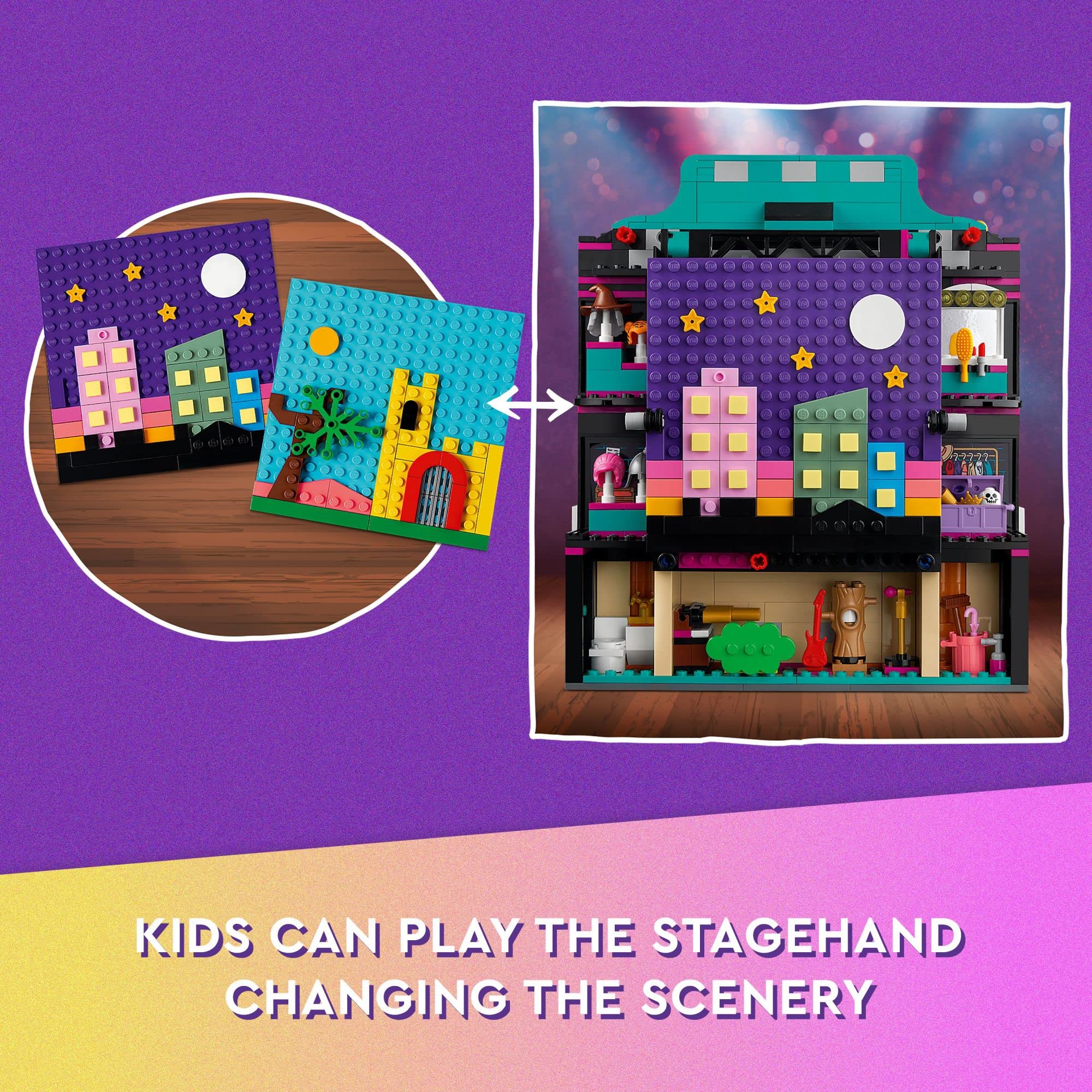 Two backdrops offer medieval castle and nighttime cityscape for varied performances.