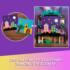 Two backdrops offer medieval castle and nighttime cityscape for varied performances.