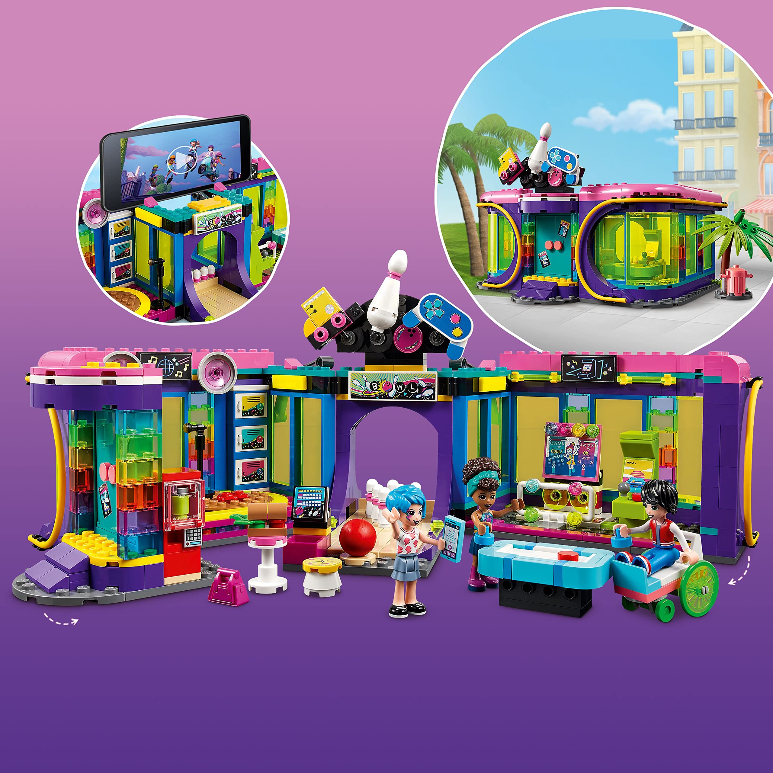 LEGO Friends bowling alley scene invites friendly competition and cooperative play.