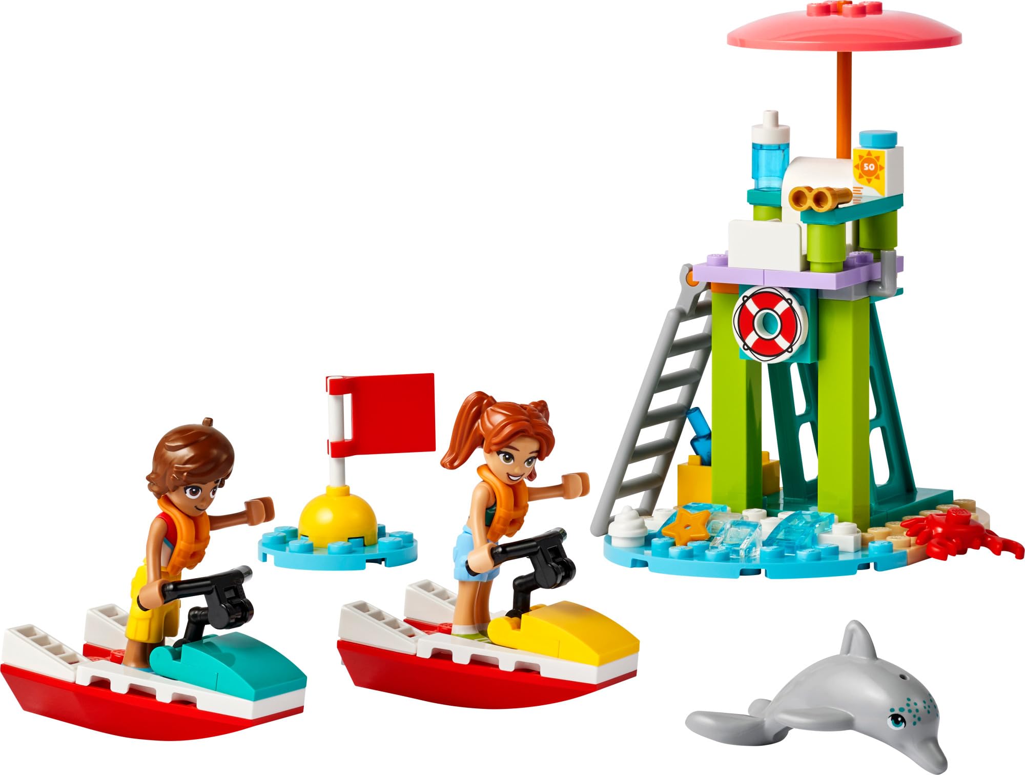 LEGO Friends beach gear including sunscreen and binoculars to enrich play.