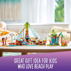 LEGO Friends Beach Glamping 41700 night-time campfire scenes invite relaxed storytelling sessions.