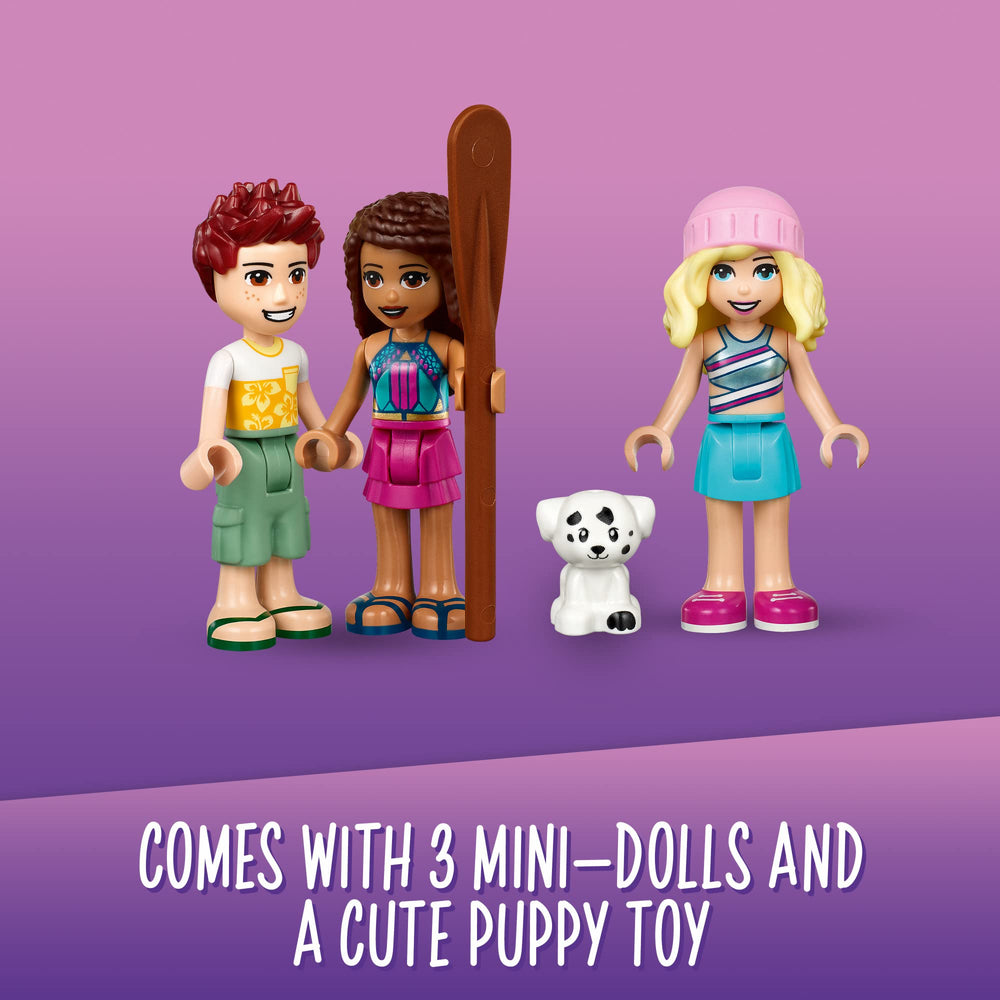 LEGO Friends Beach Glamping 41700 outdoor shower and toilet enhances immersive setup.