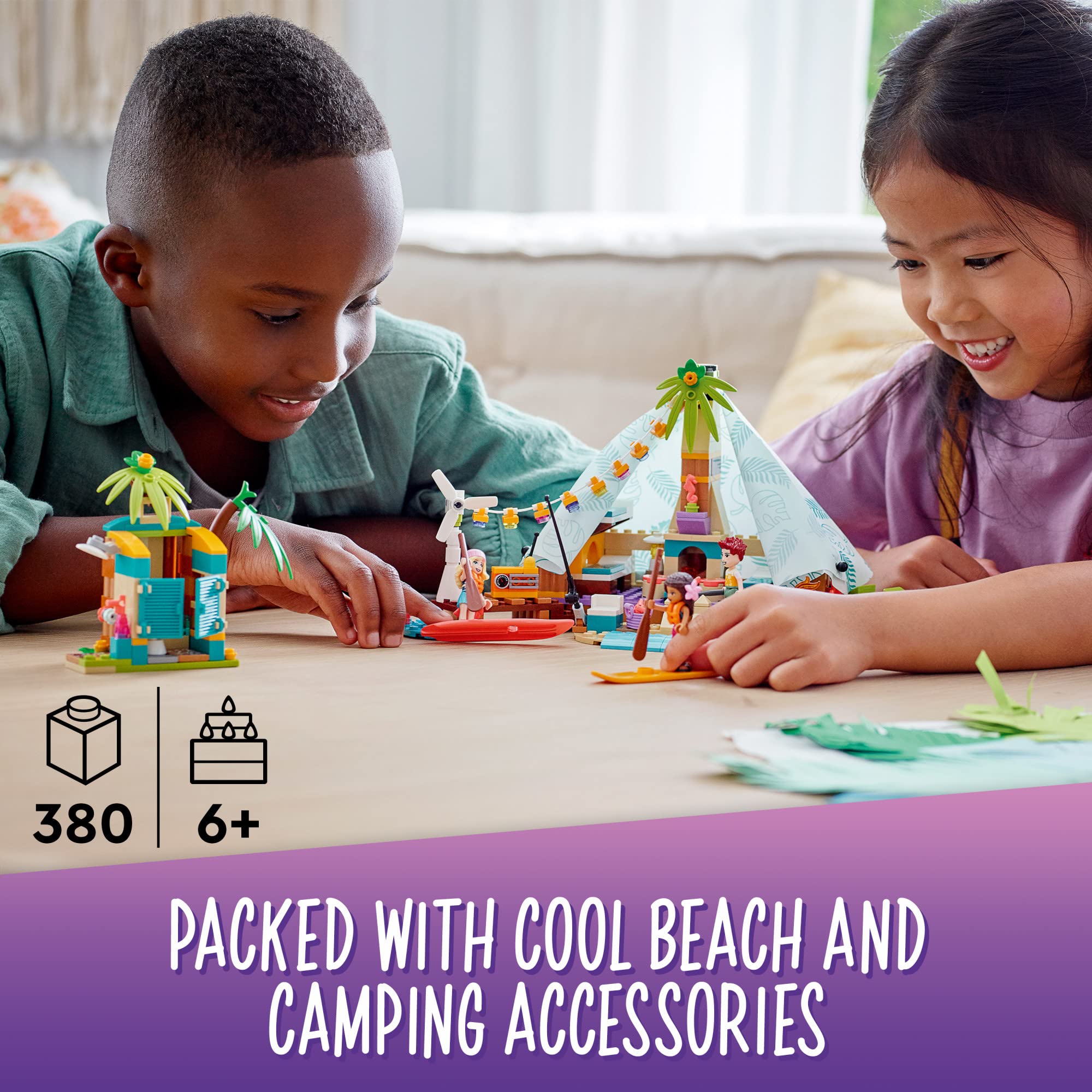LEGO Friends Beach Glamping 41700 paddleboards invite coastal exploration and active play.
