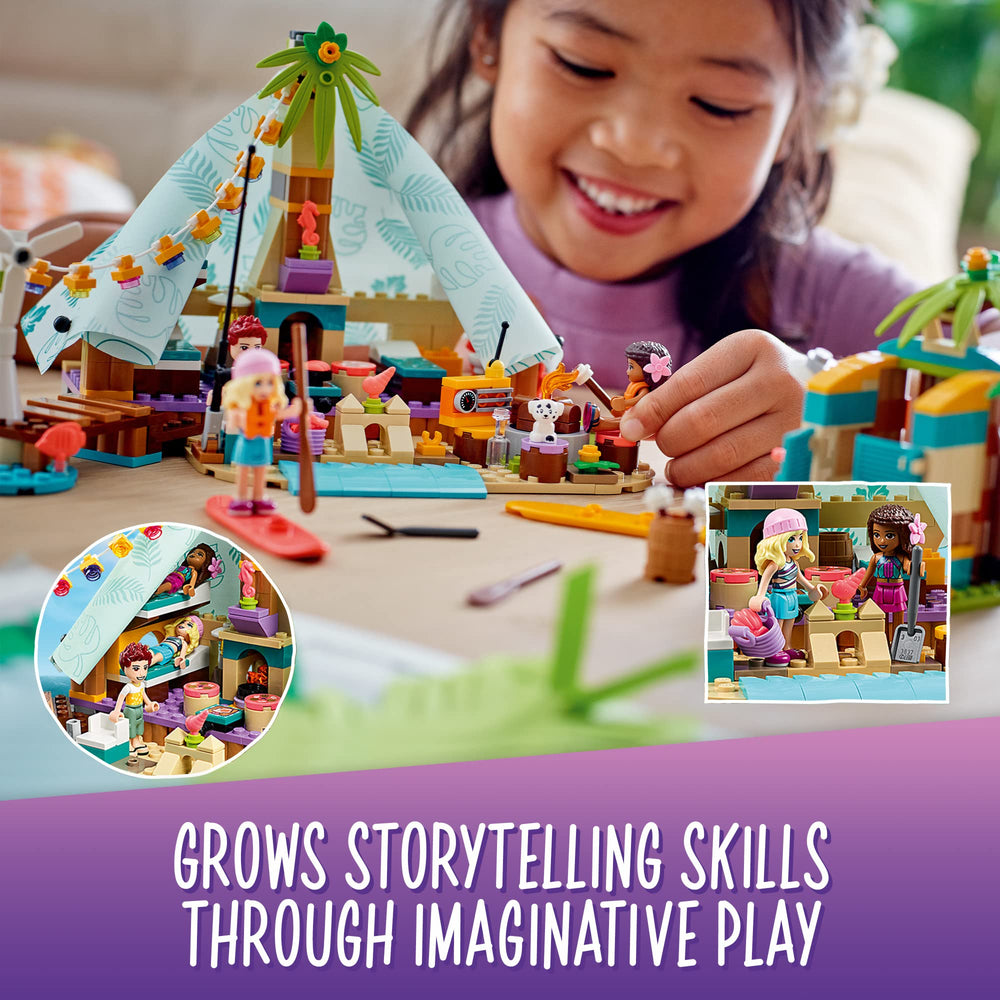 LEGO Friends Beach Glamping 41700 puppy Pebble sparks imaginative seaside adventures.