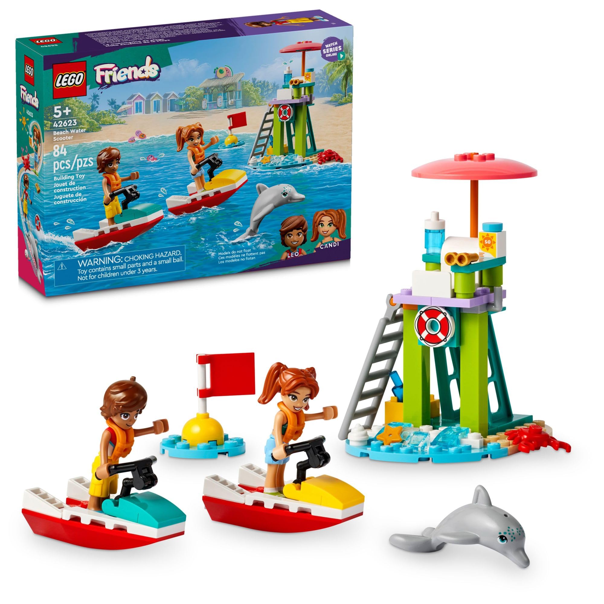 LEGO Friends Beach Water Scooter with dolphin for imaginative seaside adventures.