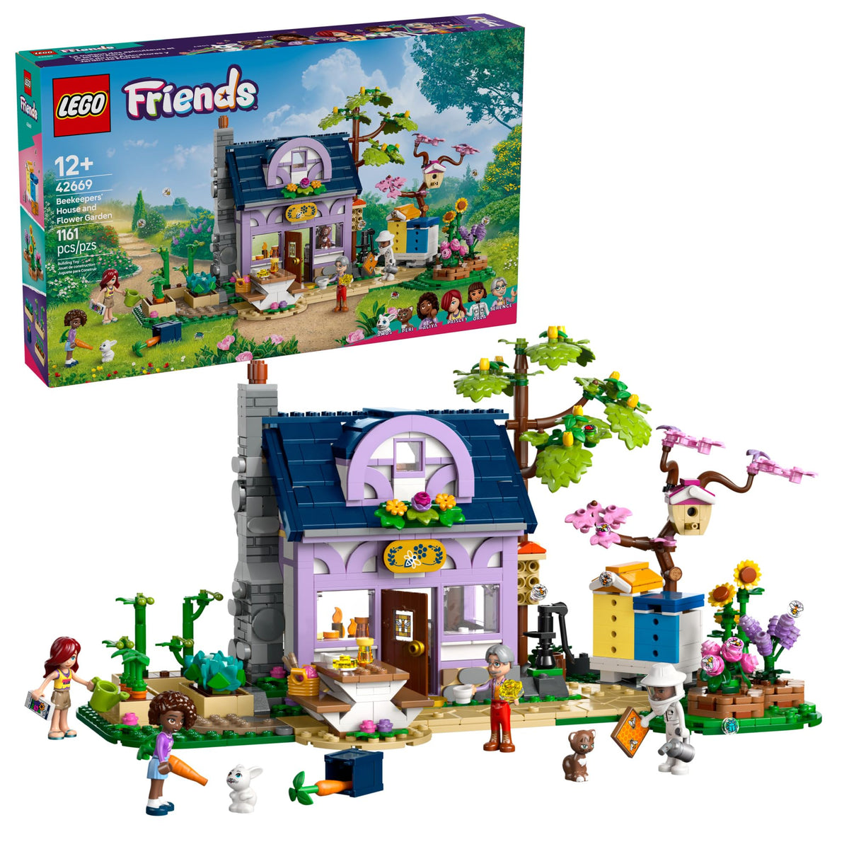 LEGO Friends Beekeepers’ House front view with two-story garden display for imaginative play