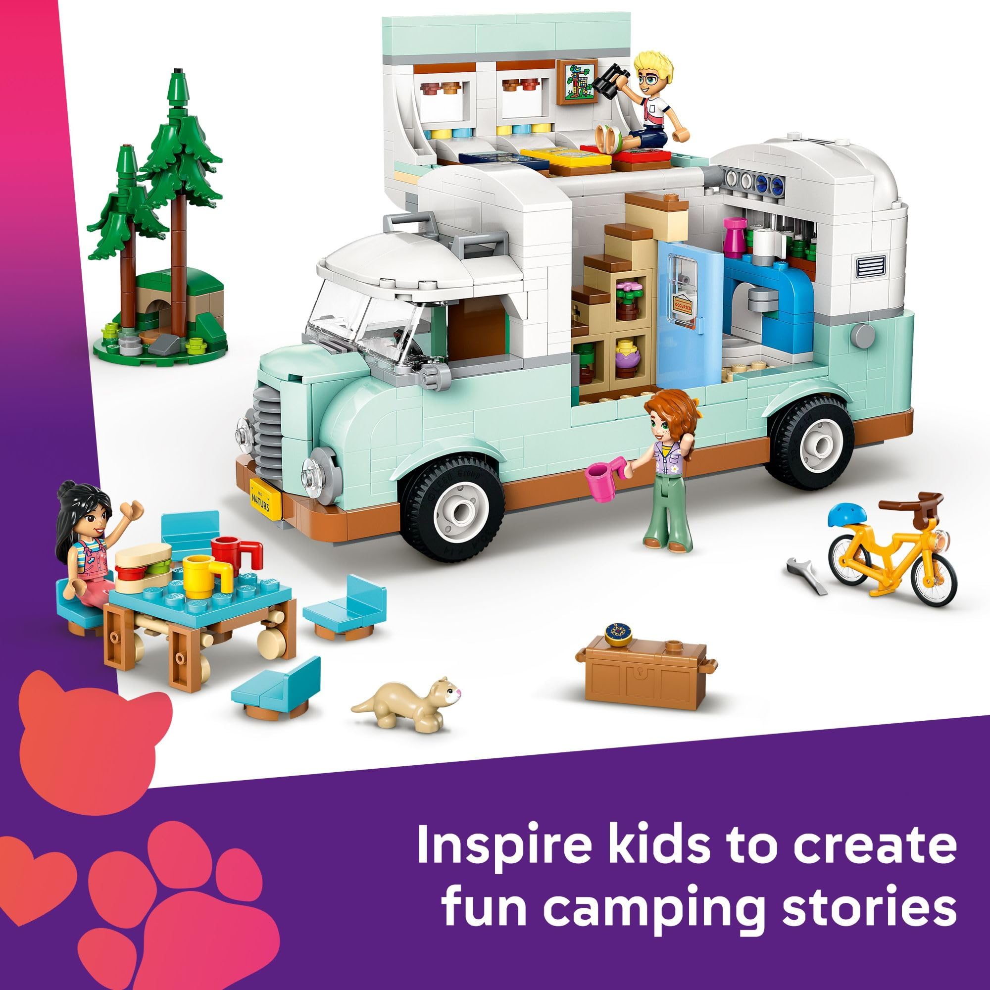 LEGO Friends bike and accessories encourage active, cooperative play around the campsite.
