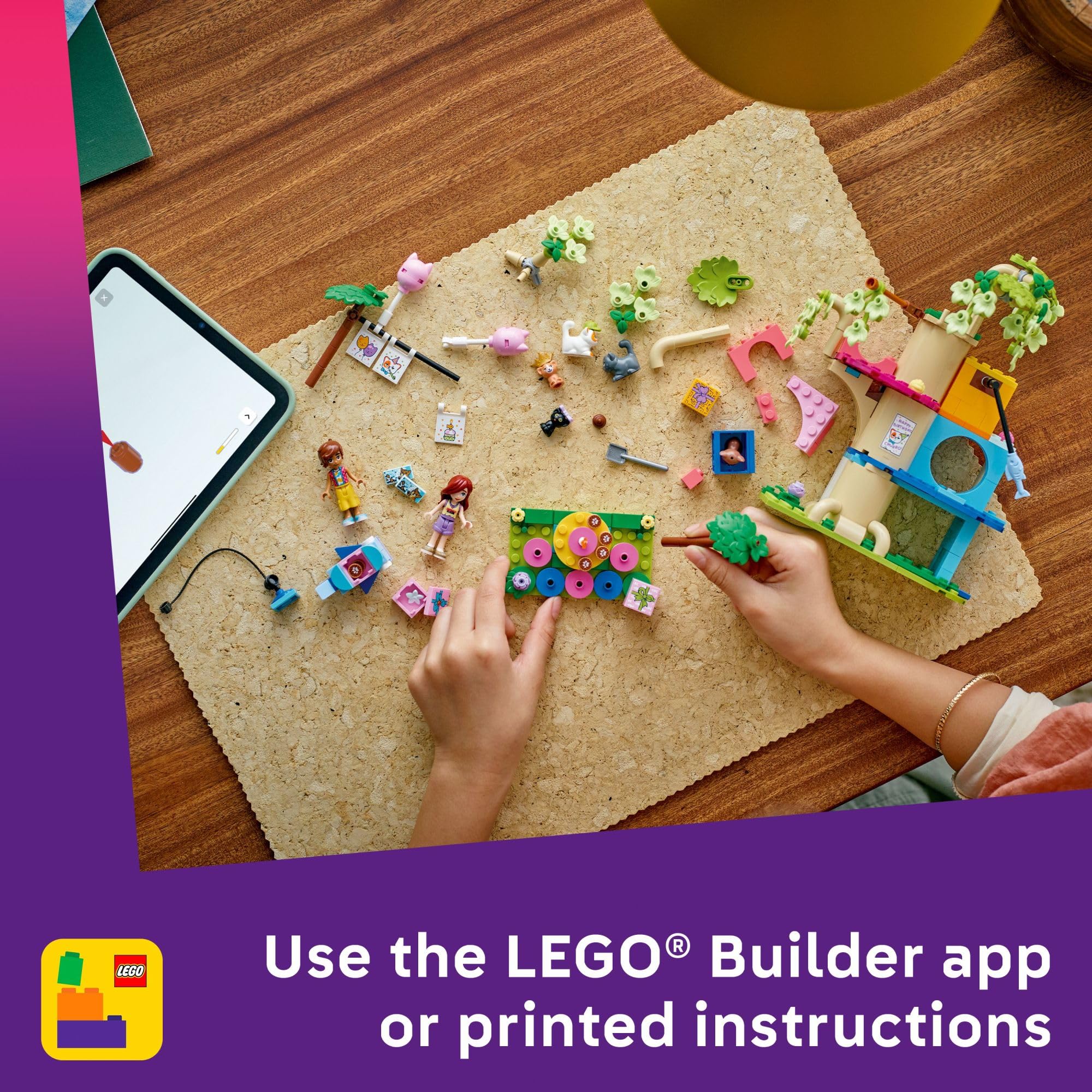 LEGO Friends birthday cake and gifts feature central celebration moments for friends.