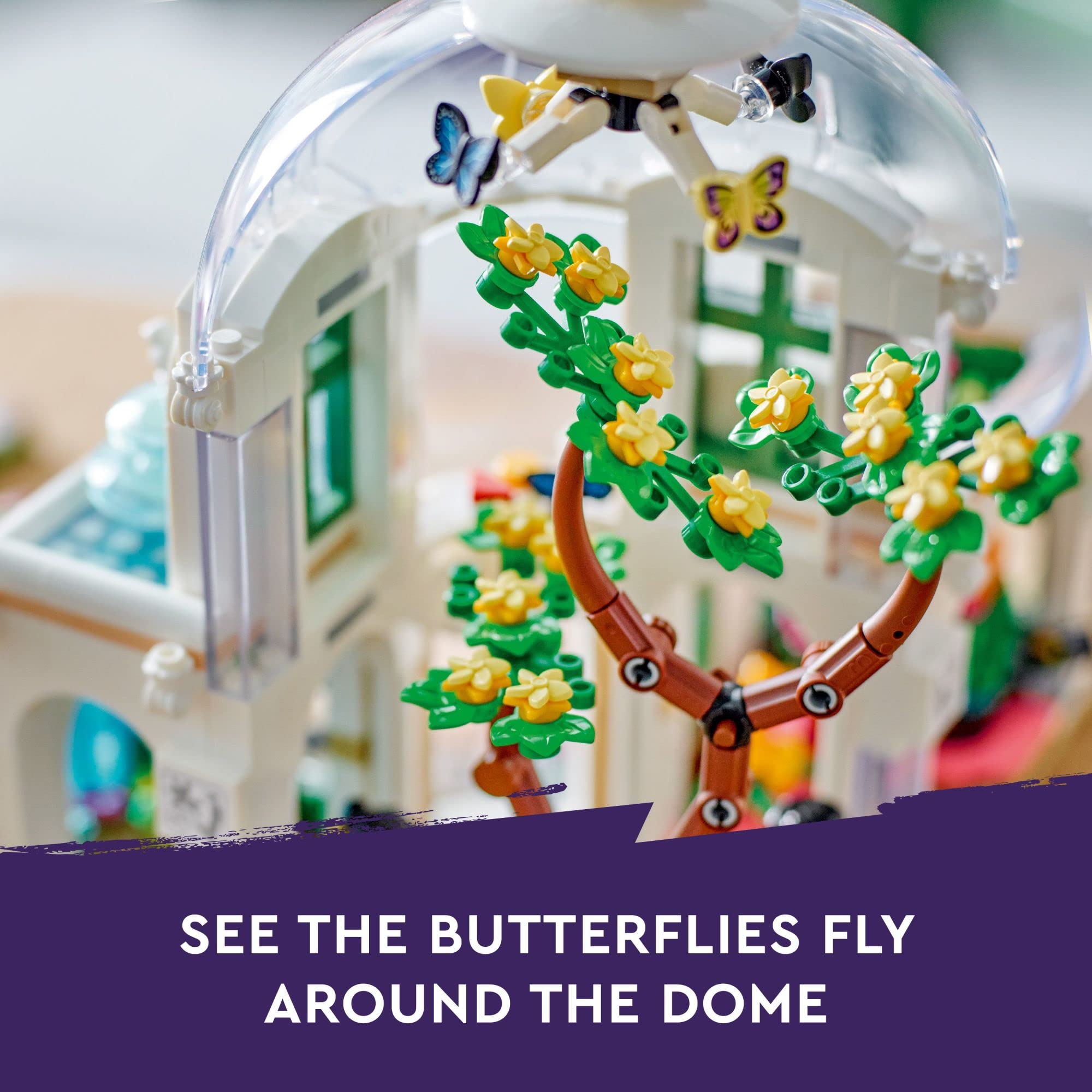LEGO Friends Botanical Garden butterflies in flight inside the dome, great storytelling
