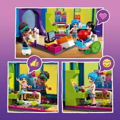 LEGO Friends arcade game zone with screen stand enhances role-play and DJ moments.