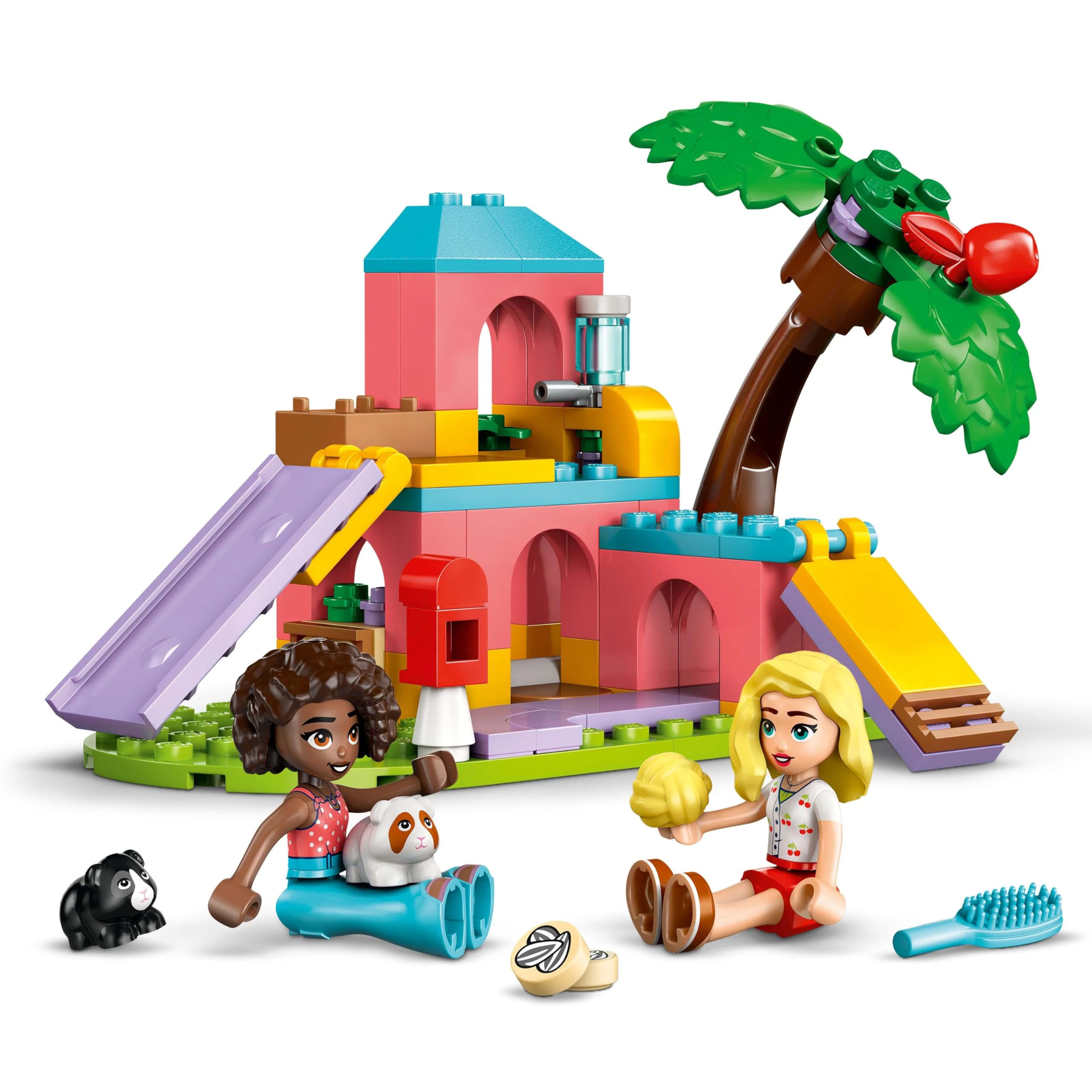 LEGO Friends care accessories like brush and seeds support realistic caregiving scenarios