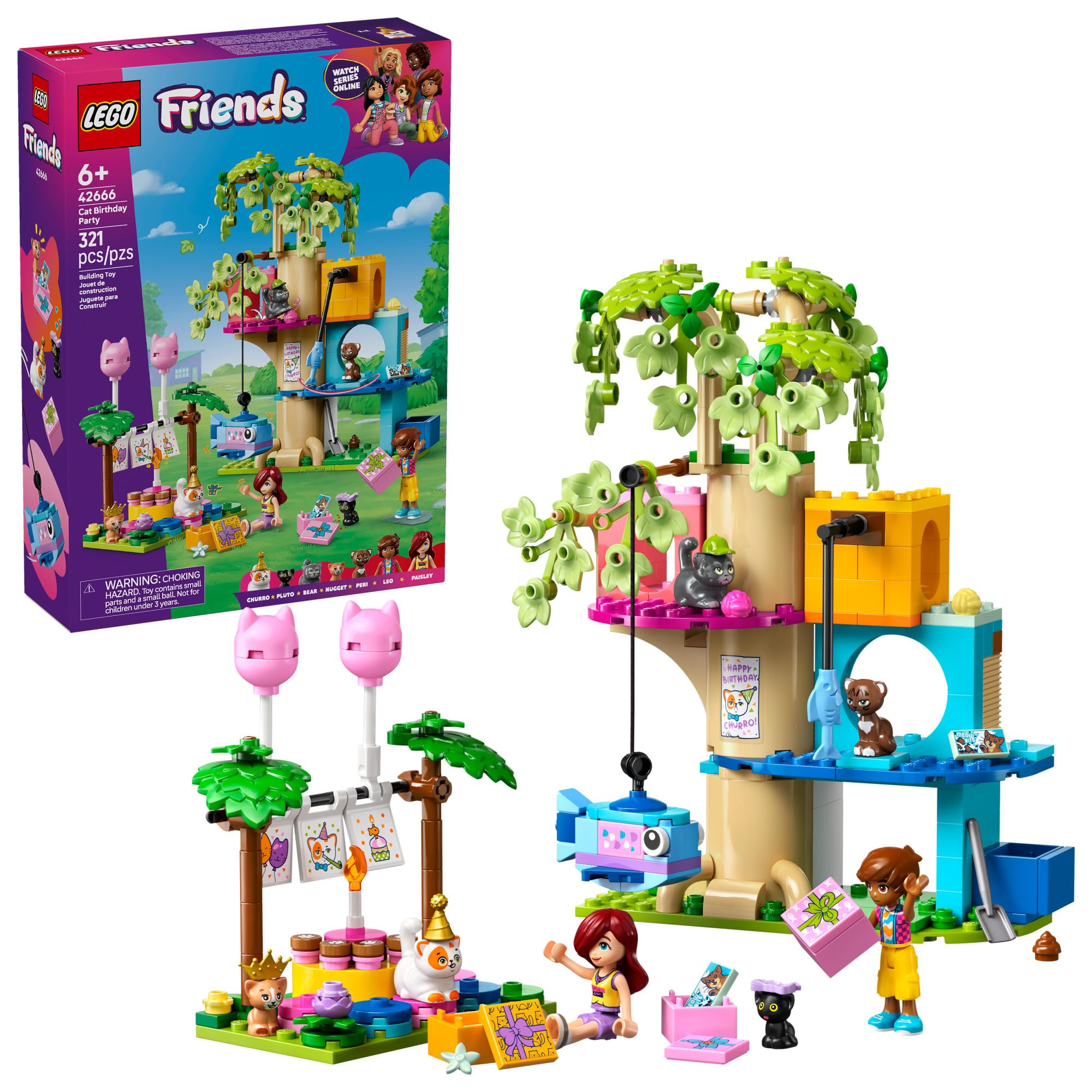 LEGO Friends Cat Birthday Party Tree House with festive party setup for imaginative pretend play.