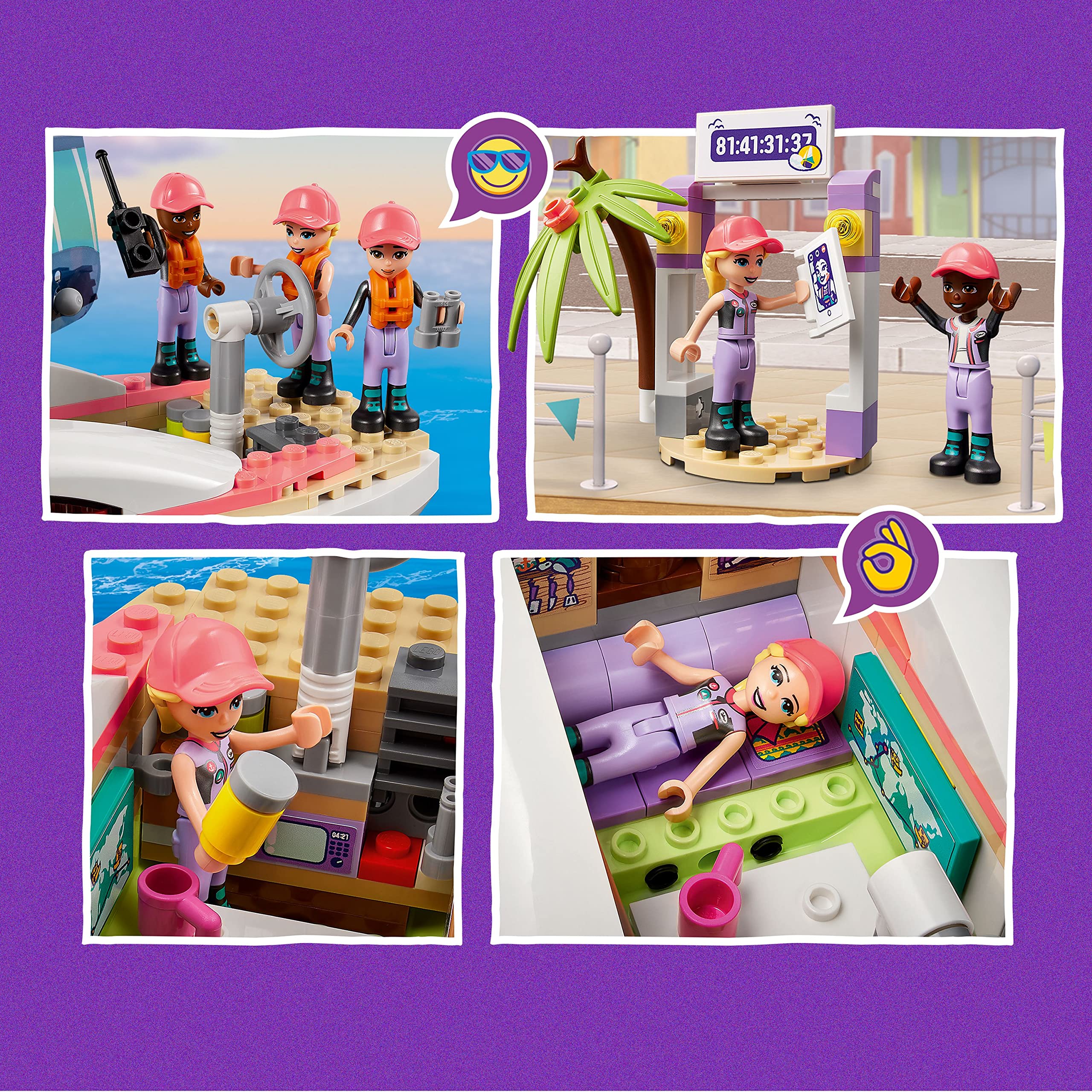 LEGO Friends deck features turning wheel and sails for interactive building.