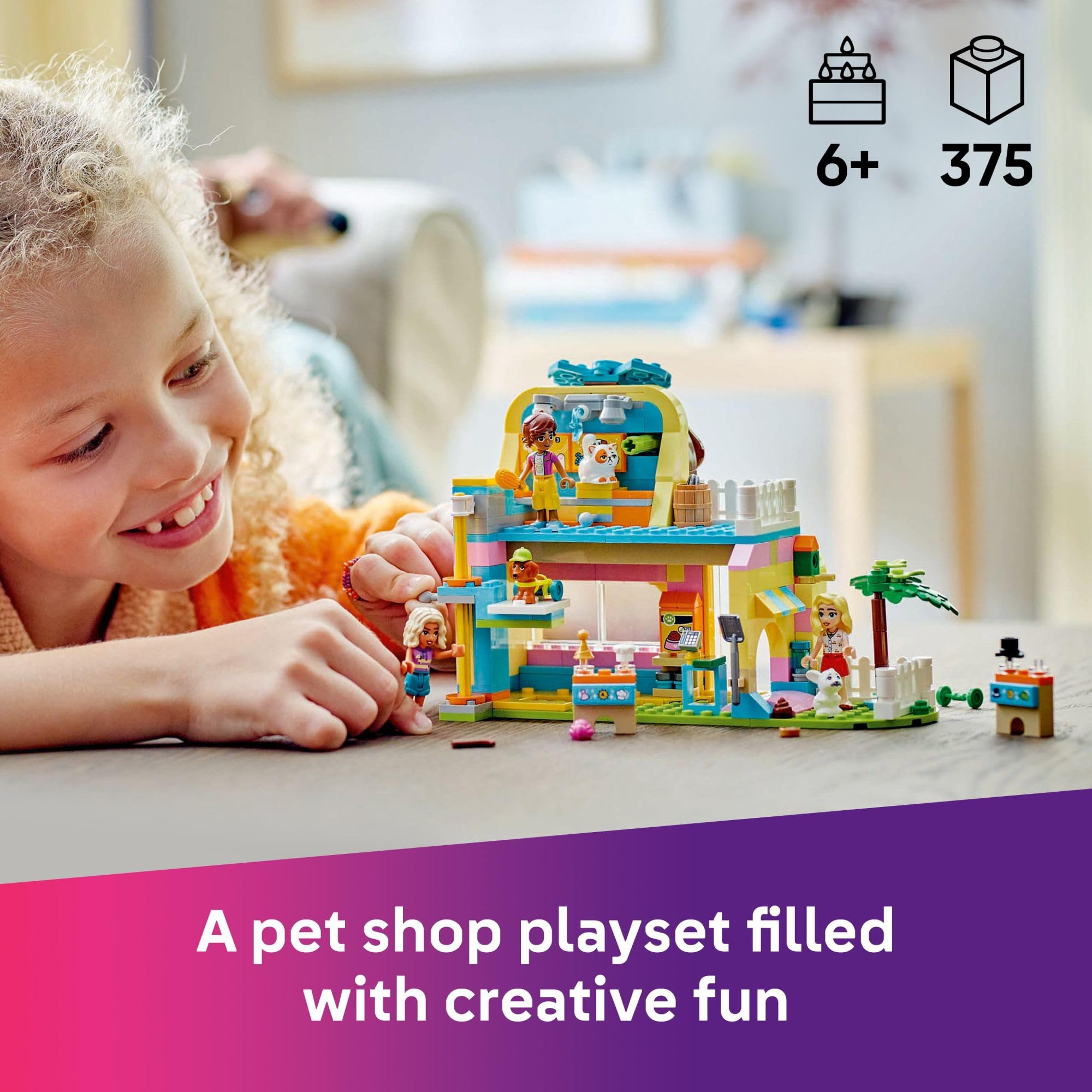 LEGO Friends dog-shaped building interior featuring grooming and shopping spaces