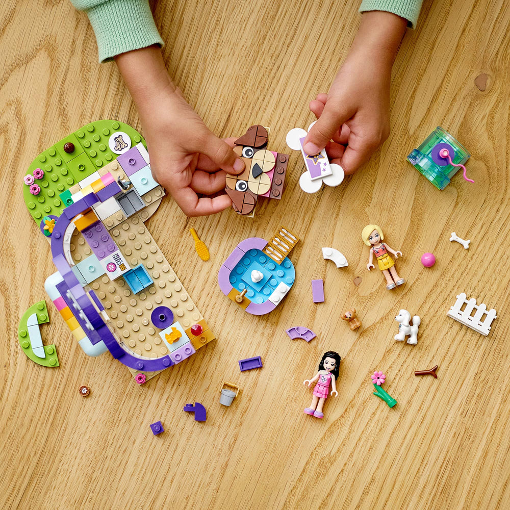 LEGO Friends Doggy Day Care cash register and snacks fuel pretend shop interactions.