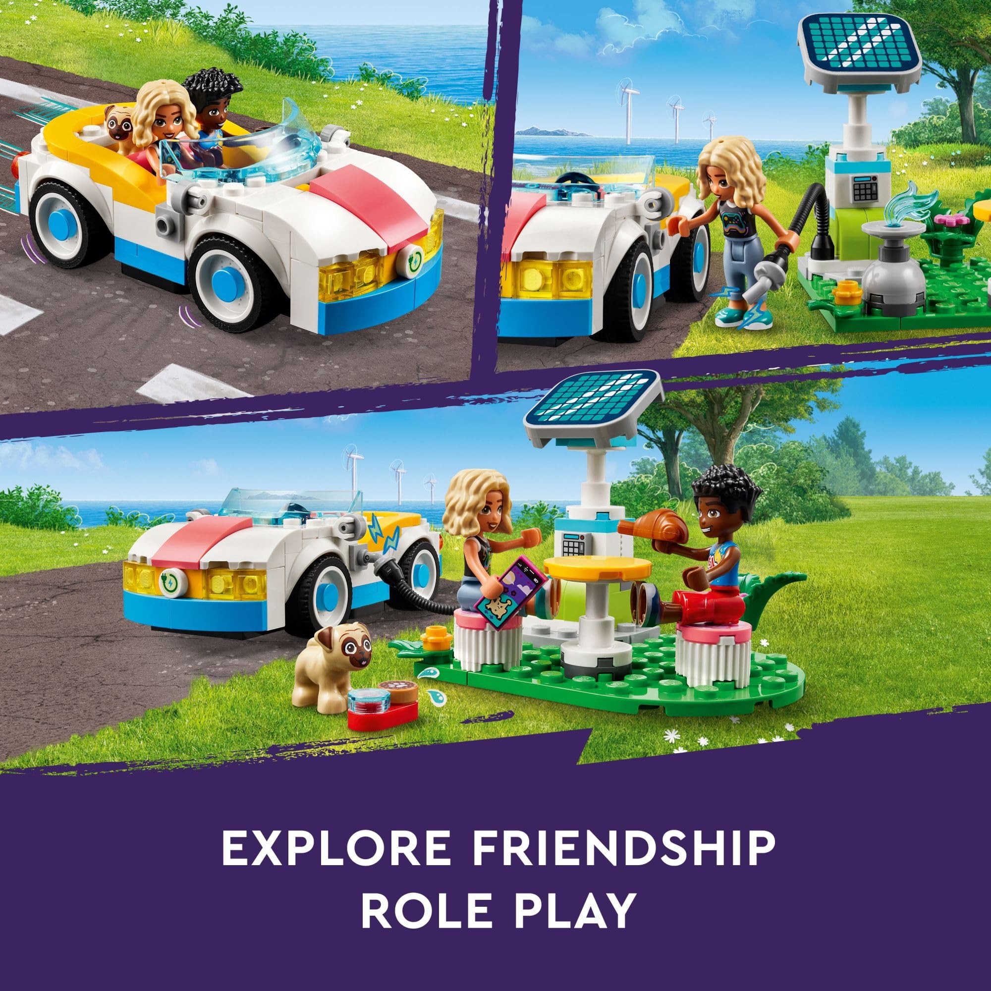 LEGO Friends Electric Car and Charger picnic scene invites lunch-time role-play at the station
