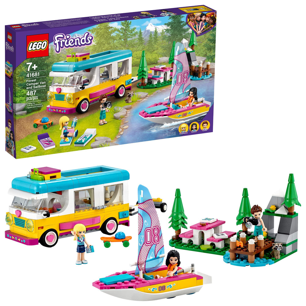 LEGO Friends Forest Camper Van and Sailboat 41681 front view for imaginative outdoor play.